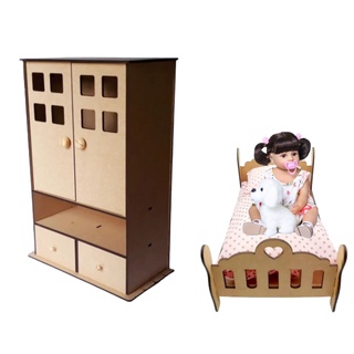 KIT Guarda Roupa Para Bonecas Reborn, Baby Alive, American Girl MDF CRU + Brinquedo Cama Para Bonecas Tipo Reborn, American Girls MDF CRU
