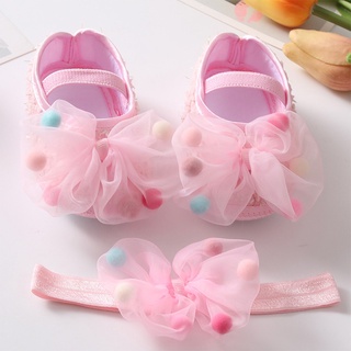 Sapato De Princesa De Sola Flexível + Faixa De Cabelo Com Laço Para Bebês/Recém Nascidos/0-18 Meses
