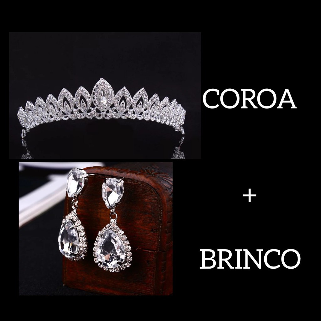 Conjunto Tiara Coroa Brinco Noiva 15 anos  princesa porta coque Casamento prata Strass