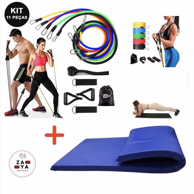 Kit Elástico Extensor 11 Peças Tubing + Colchonete Academia Yoga/Pilates Treine em Casa Exercício Funcional