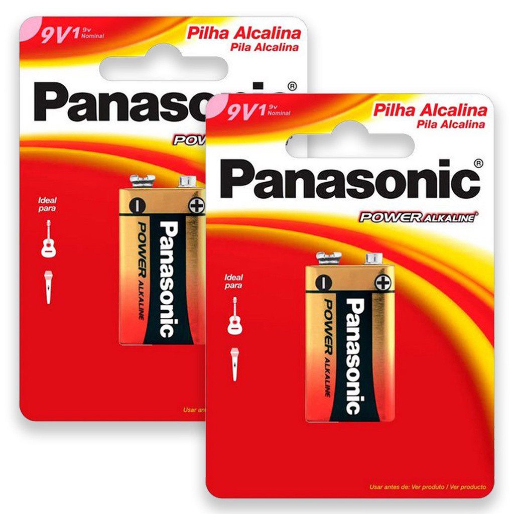 Pilha Alcalina 9V Panasonic Bateria 9 Volts 6LR61 6F22 kit 2 unidades