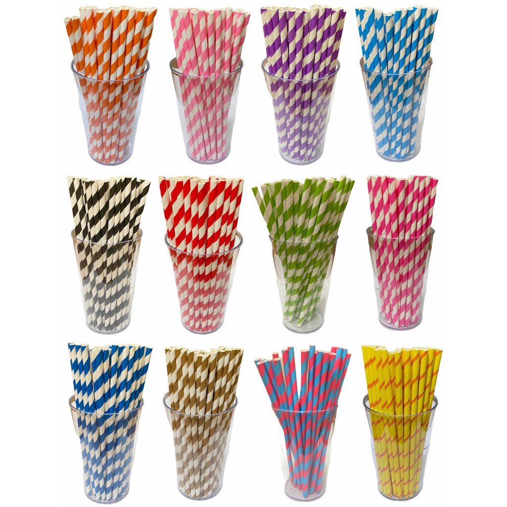 25 Canudos Listrado Papel Biodegradável 6mmx19,7cm 2 Cores