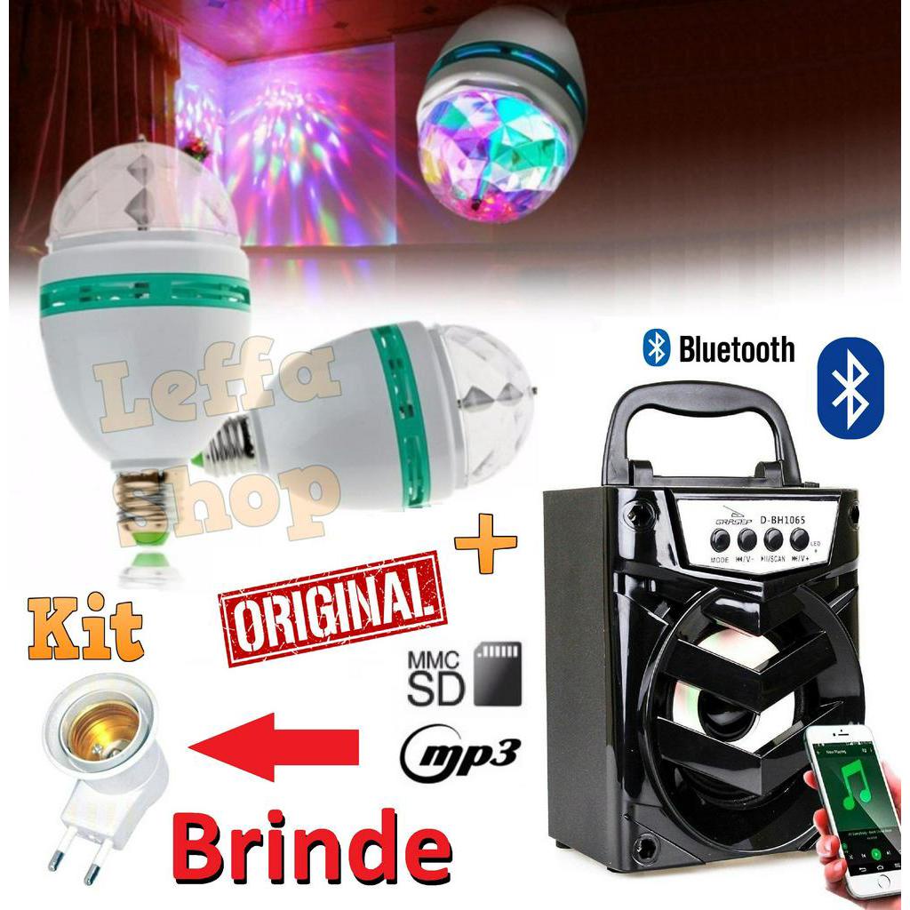 Kit Lampada Giratória Led Bola Maluca Bivolt + Caixa Caixinha Som Mp3 Rádio Fm Entrada Sd Bluetooth Celular Festas Natal