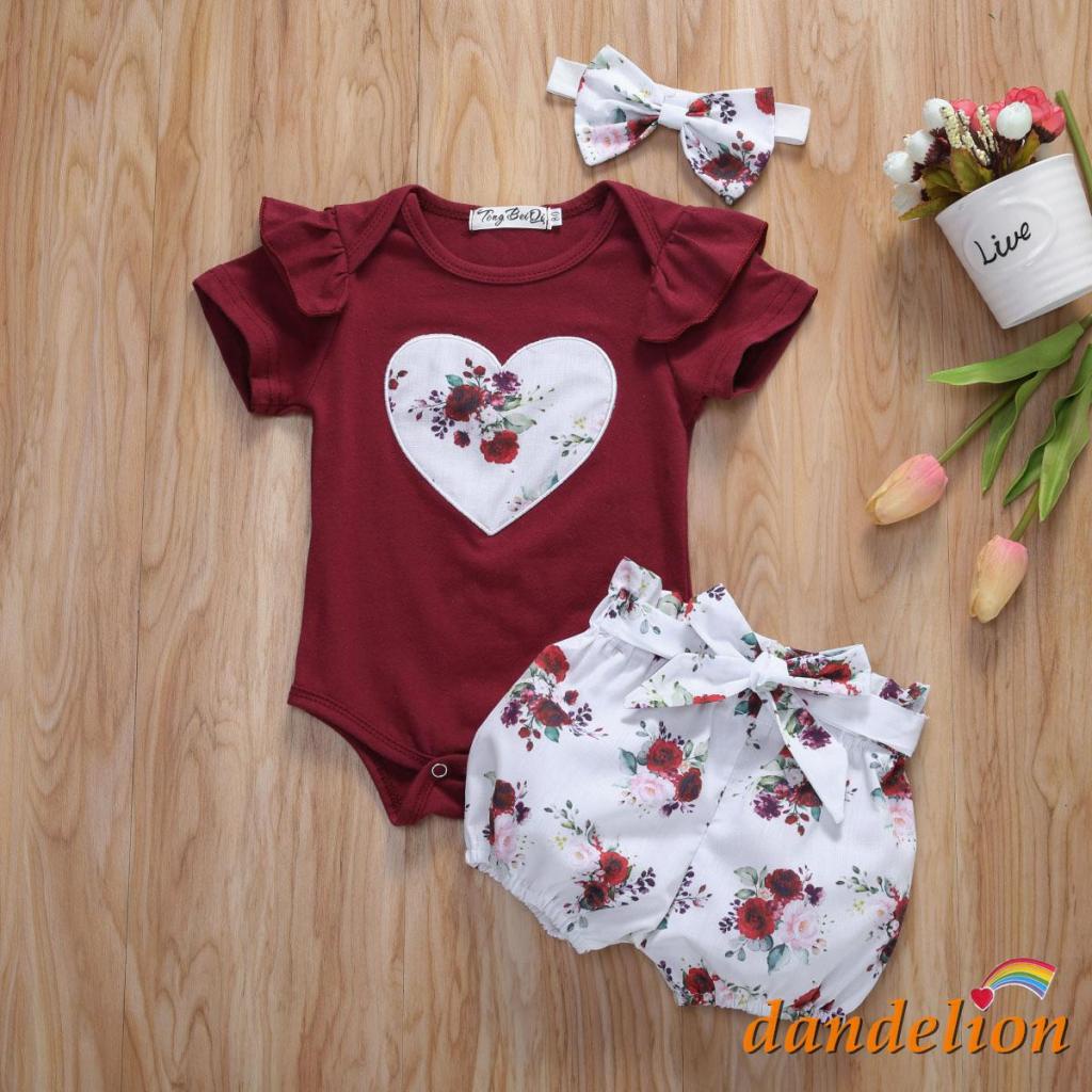 Conjunto de Roupas 3pcs para Bebês Meninas, Macacão com Renda em Coração + Shorts Estampados com Flores + Faixas de Cabelo