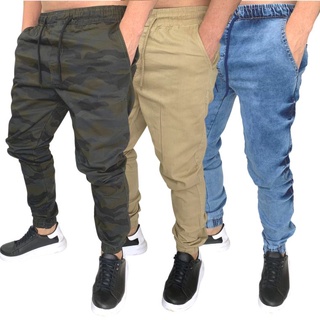 Kit 3 calças jogger masculina com punho no calcanhar e elático