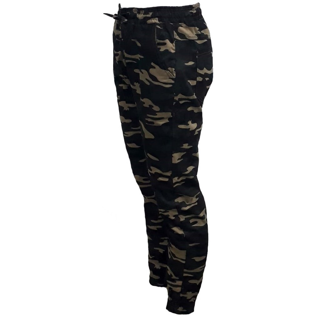 calça jeans sarja camuflada feminina