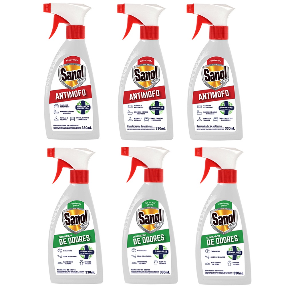Kit com 3 Eliminador de Odores desagradáveis e 3 Anti Mofo (Eliminador de Mofo) Sanol A7 330ml - sanol antimofo a7 é um fungicida e bacteriostático que elimina por completo os maus odores dos mais diversos ambientes domésticos