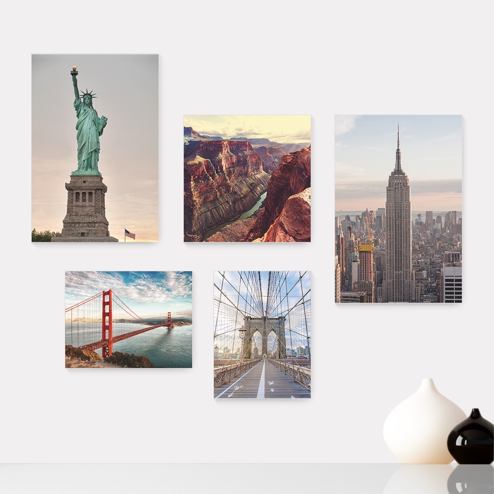 Kit 5 Quadros Decorativos Placas - Estados Unidos - Pontos Turísticos - Nova Iorque São Francisco Estátua Canyon Casa Quarto Sala - 271ktpl5