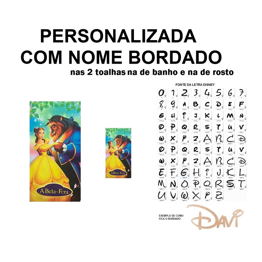 PERSONALIZADA NOME BORDADO kit 1 Toalha de Banho Infantil Bela e a fera + 1 Toalha de Rosto