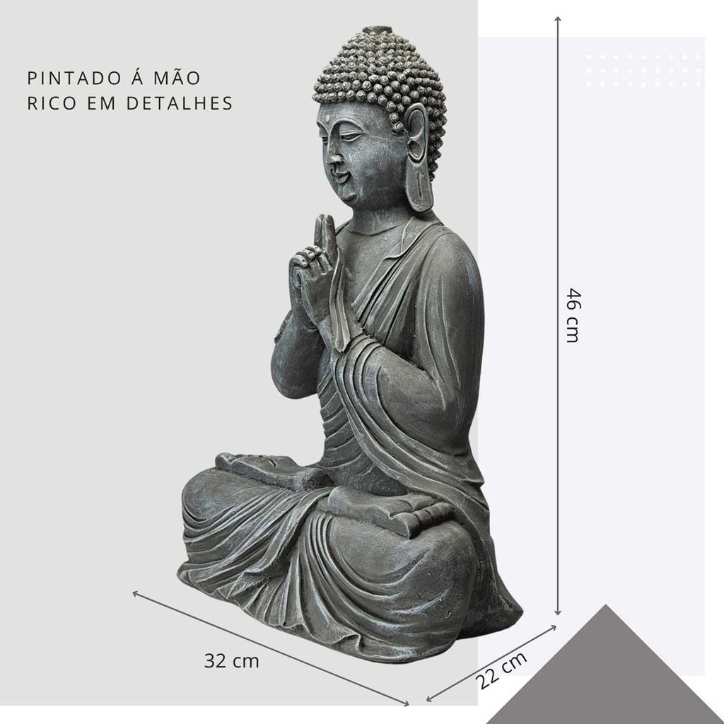Estatua Buda Tibetano Orando Cinza Concreto Zen Resina 46cm