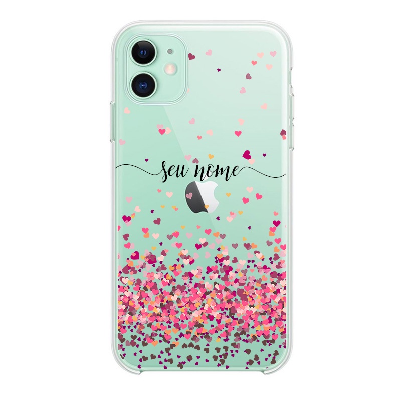 Capa para iPhone 6, 6s, 7, 8, 7 plus, iPhone 8 plus, X, XS, XS Max, XR, iPhone 11, iPhone 12, iPhone 13, iPhone 14 - Corações Flutuantes | Com Nome Manuscrito