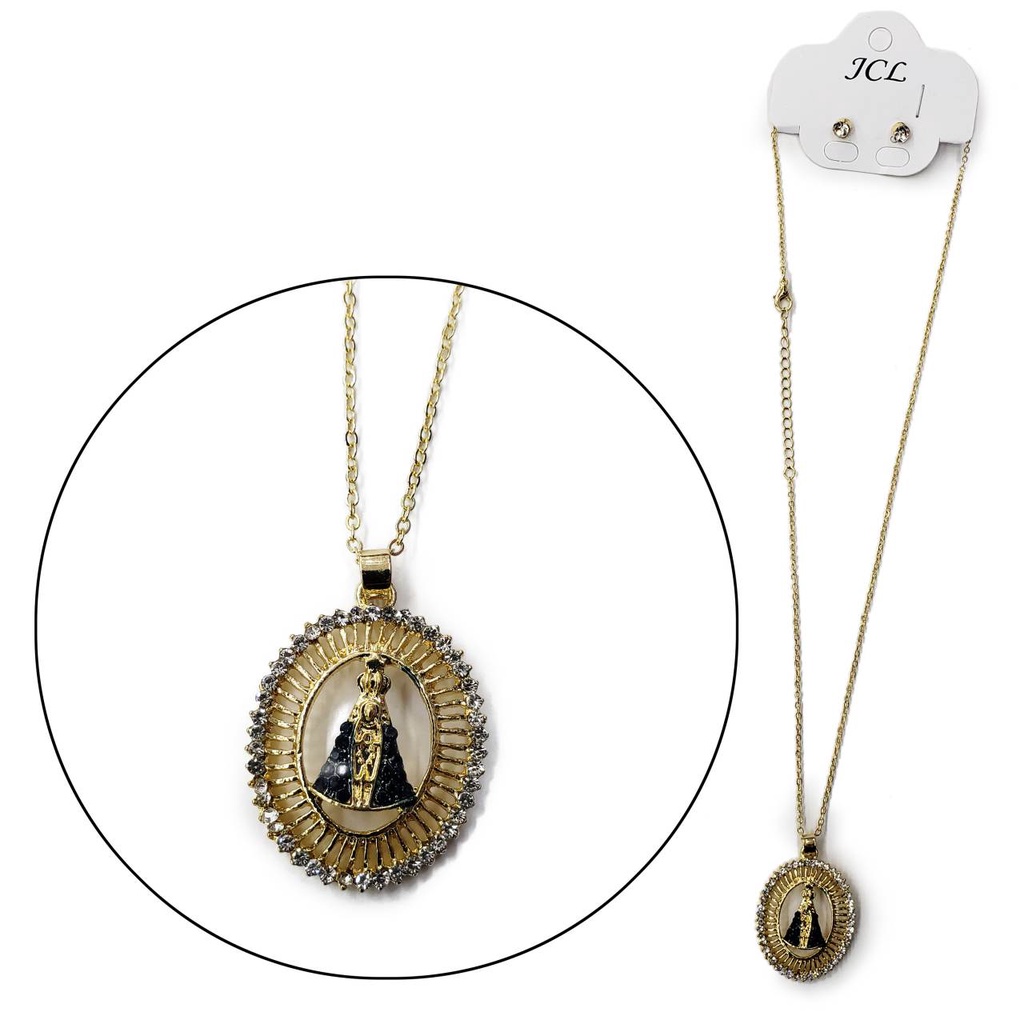 AB081- Conjunto Colar corrente gargantilha e brinco folheada folheado ouro Nossa Senhora Aparecida strass