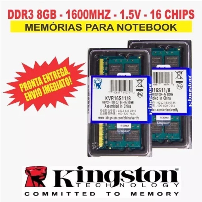 Memória  Kingston Ddr3 8gb 1600 Mhz Notebook 16 Chips 1.5v