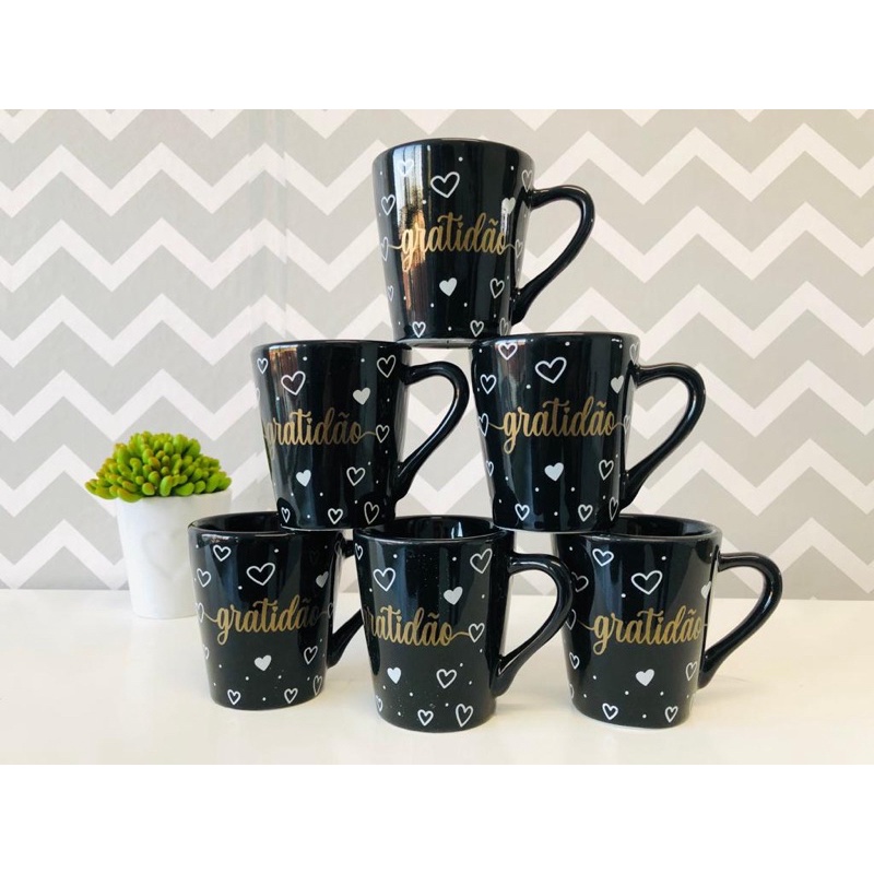Jogo Kit 6 Xícaras Canecas Café Porcelana 120ml Preta Decorada Gratidão