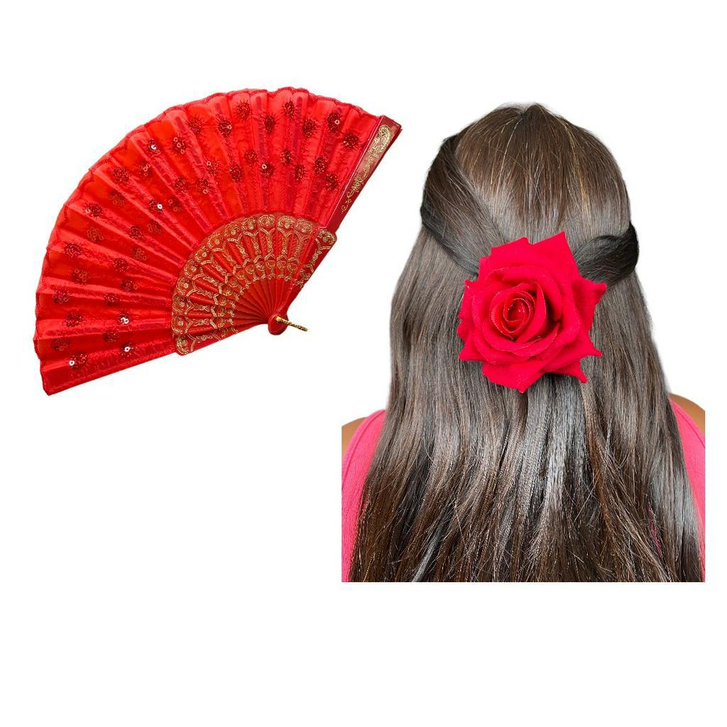 Leque + Rosa de Cabelo Veludo Pomba Gira Ciganas Vermelho em Oferta na Shopee