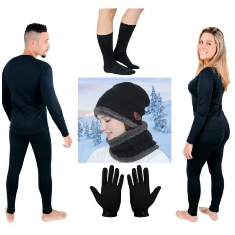 Kit Térmico 6 peças 1 CALÇA 1 BLUSA flanelada 1 par LUVA tricô 1 par MEIA térmica 1 GOLA e TOUCA forrada lã acrílica aur