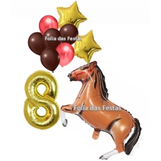 kit balão metalizado CAVALO, ESTRELAS, NÚMERO DE 70CM e LÁTEX