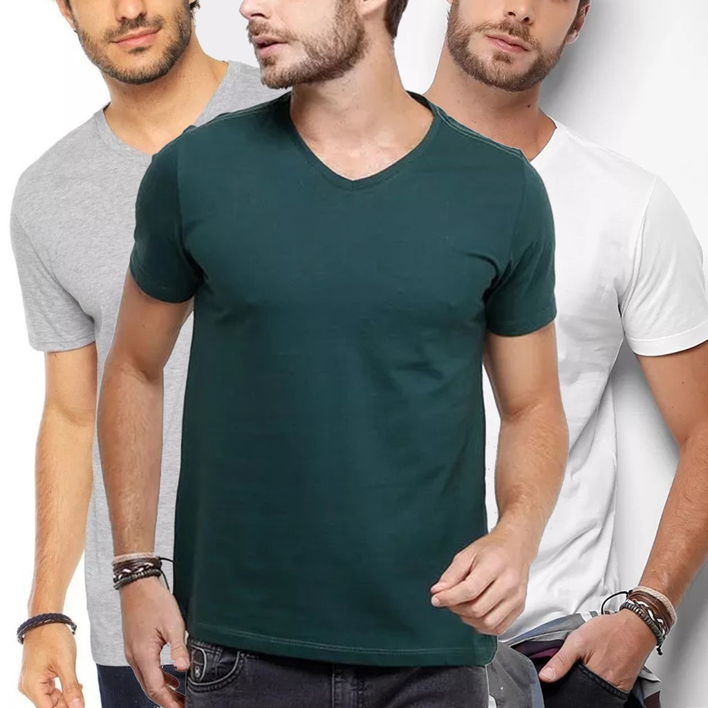 Kit 3 Camisetas Masculinas Gola V 100% Algodão Fio Penteado 30.1 Lisa Atacado Uniforme