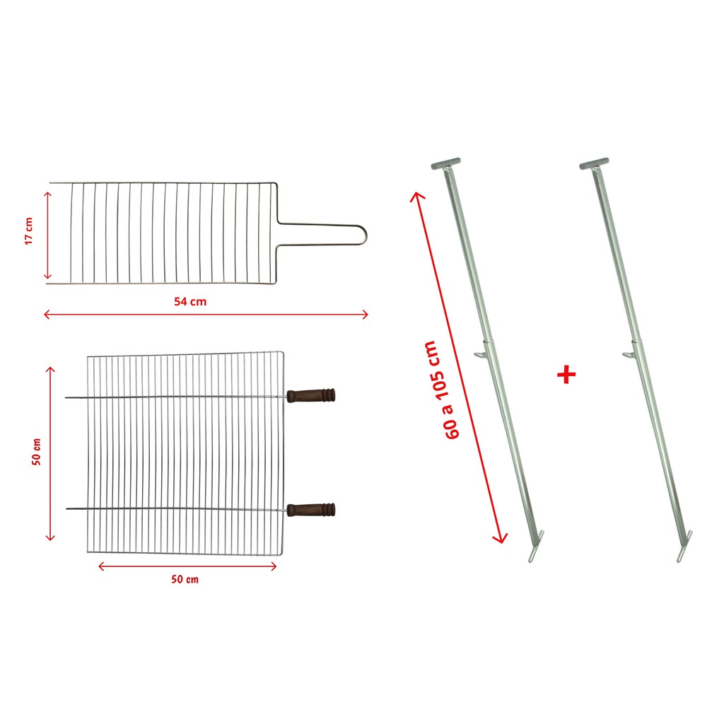 Kit Churrasqueira Grelha Média + Grelha Única Reta Pequena + Suporte Extensor Ajustável 5002/5101U/5501