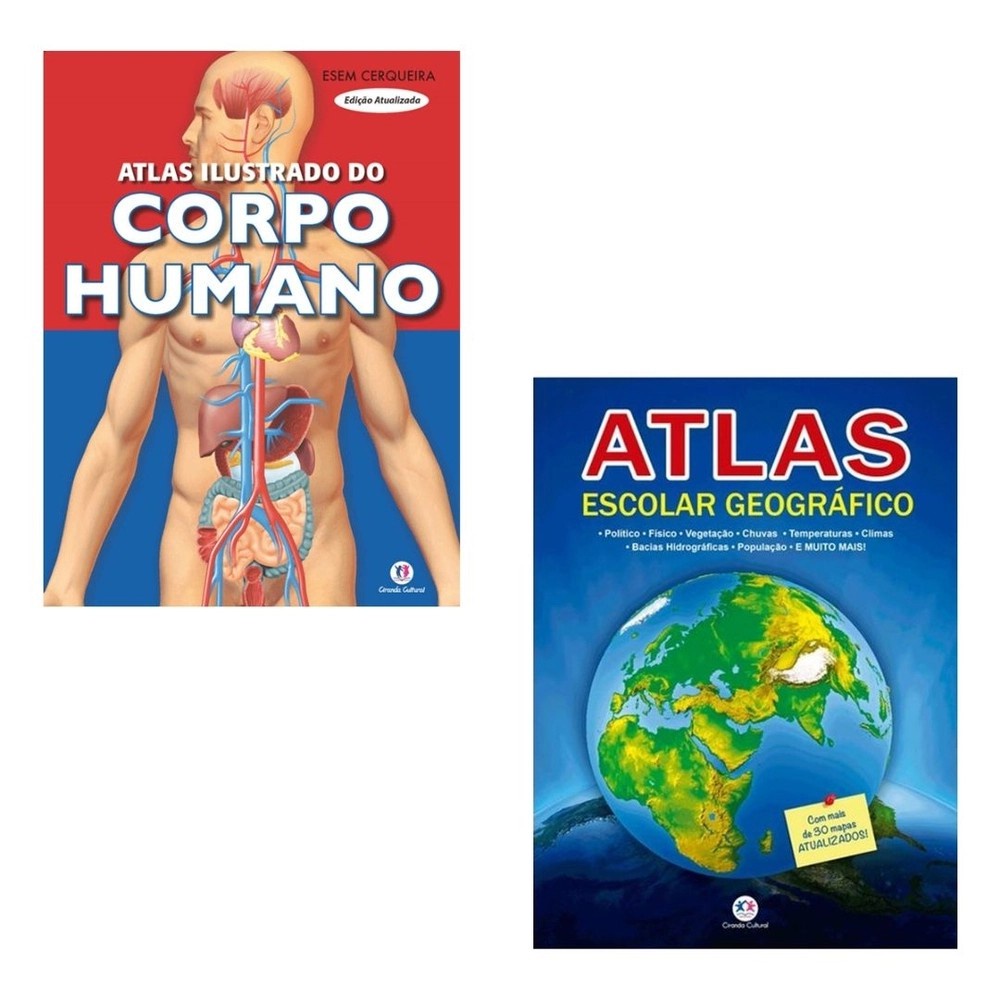 kit com 2 Atlas escolar corpo humano e Geografico