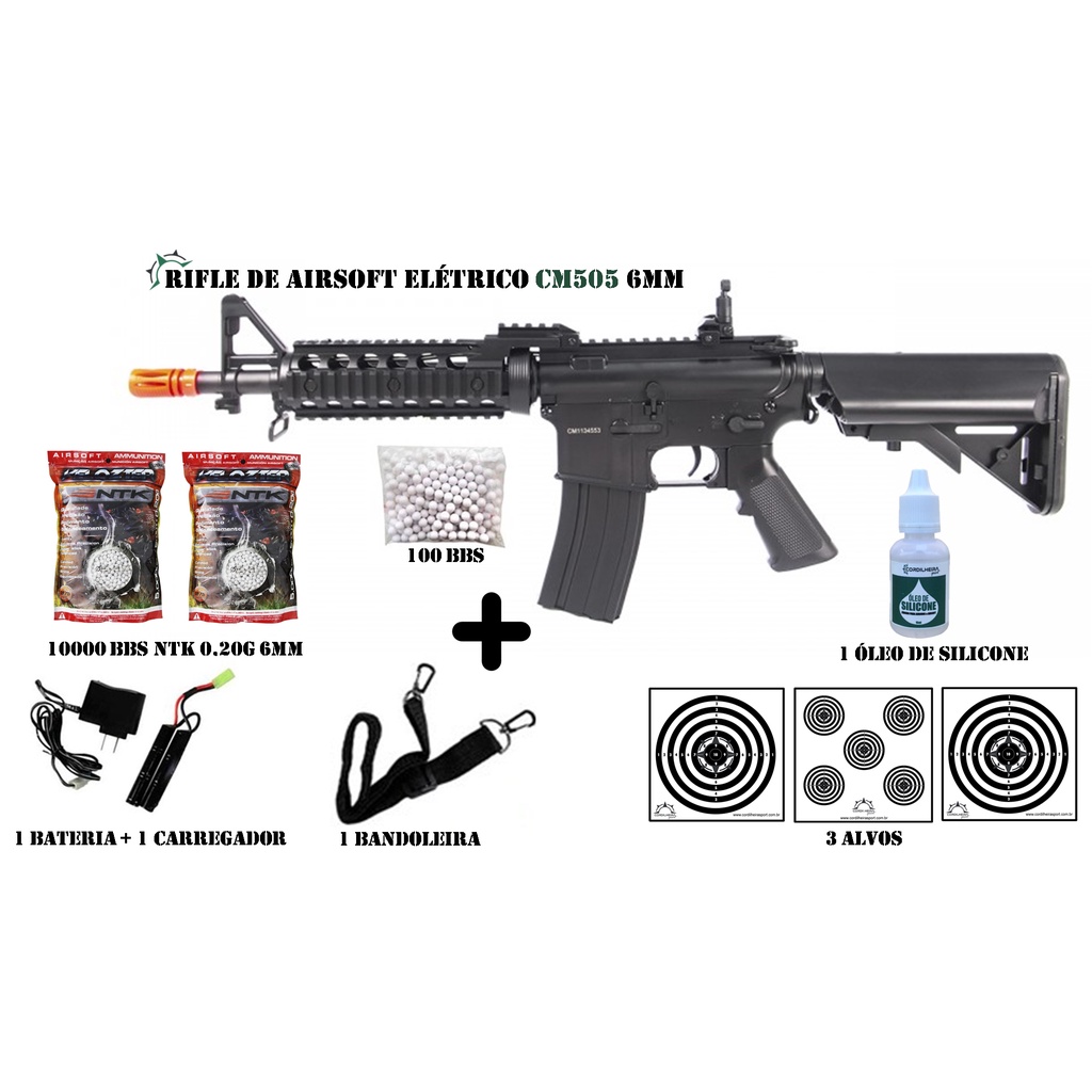 Rifle de Airsoft M4A1 CM505 AEG CQB RAS II 6mm CYMA + 10000 Bbs NTK 0,20g 6mm + 3 Alvos + 1