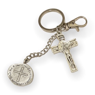 Chaveiro Mosquetão Medalha São Bento Duas Cruzes Crucifixo