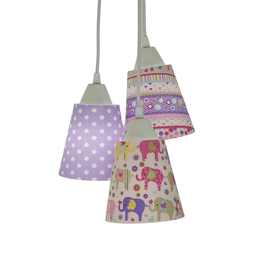 Lustre Pendente Luminária de Teto Cacho Bebê Tecido Elefantinho 3 Cúpulas Bivolt