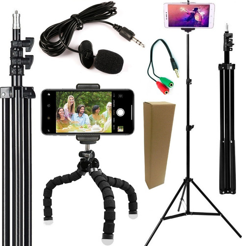 Kit Youtuber Tripé Profissional Microfone De Lapela Celular