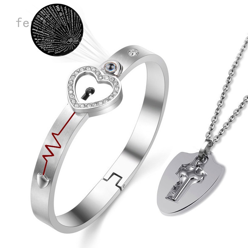Titanium Key Pendants Necklace Heart Bangle Bracelet Prevent Allergy&Fade Couples Lock Jewelry Sets AOLVO His and Hers Matching Set 