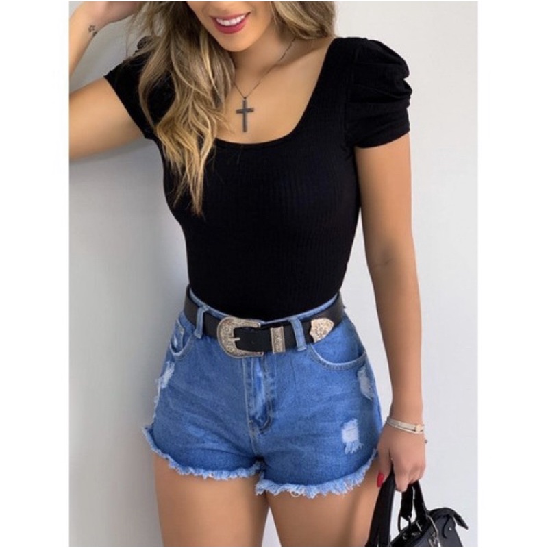blusa body feminina manga curto princesa com bojo canelado pra inverno