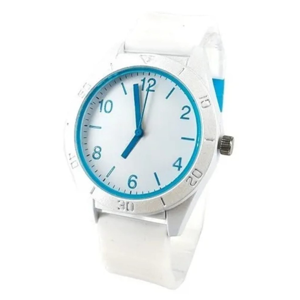 Relógio Moderno Pulseira Branco   Com Azul de Borracha Analógico Unissex