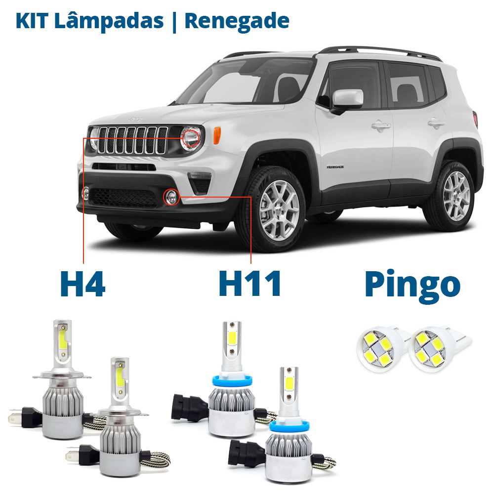 Kit Lampadas Jeep Renegade 2015 2016 2017 2018 2019 H4 H11 T10 Pingo