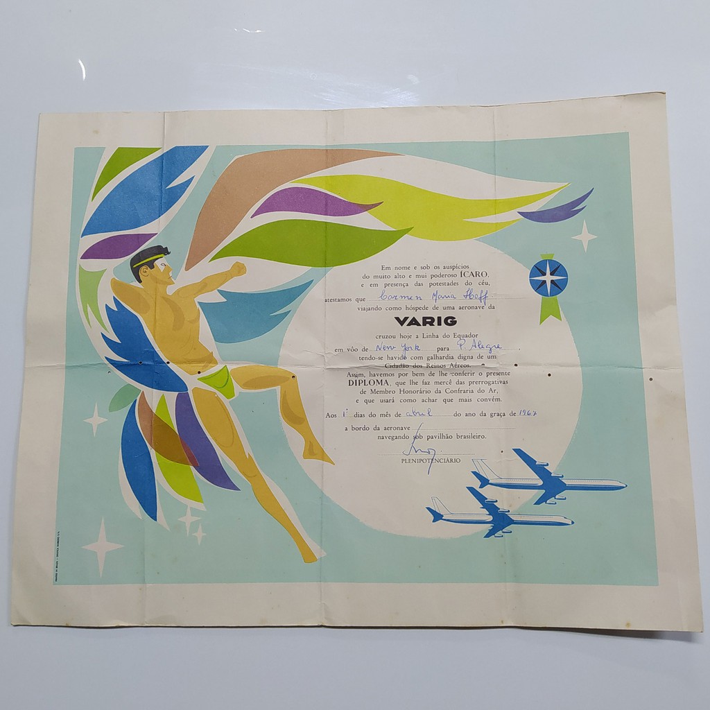 Diploma concedido pela Companhia aérea Varig - Passagem pelo Equador - 1967