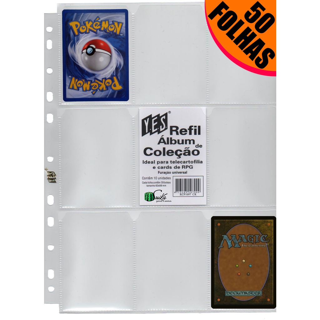 50 Folhas para Cards e Cartas para fichário pasta Álbum argola 11 Furos 9 Bolsos Pokémon Magic Yugioh RPG cardgame figurinhas coleção colecionável kpop futebol copa do mundo bts black pink dragon ball naruto