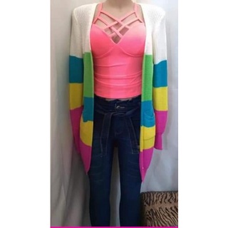 Conjunto Look: Calça jeans Feminina Clochard com cinto + Casaco /Agasalho Cardigan em Malha + Blusa Suplex Alças