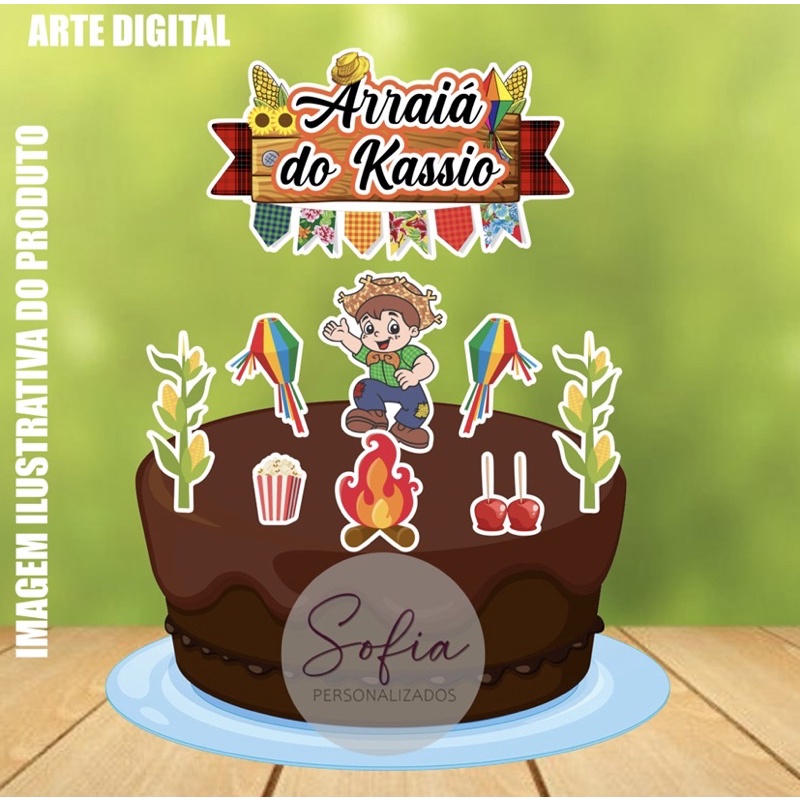 Topo de Bolo - Topper de Bolo Personalizado Aniversário Mesversario Festa Junina Arraia
