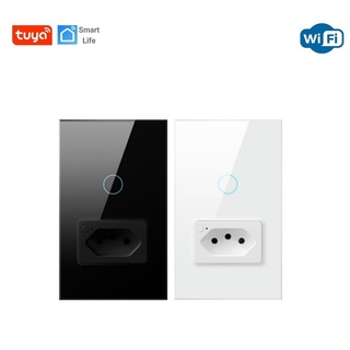 Interruptor Touch Wifi com Tomada Design de Luxo Espelho de Vidro Comandos por Voz com Alexa e Google Assistente Tuya Casa Inteligente
