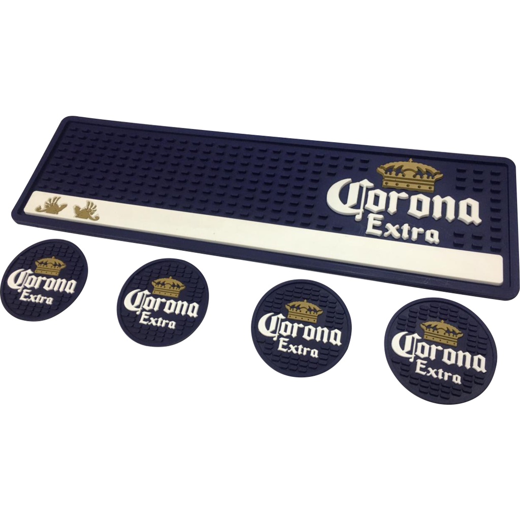 Tapete Barmat Corona 50x15 + 6 Porta Copos emborrachados Para Mesa Bar Balcao Suor Chopp Whisky Cerveja Protege Moveis
