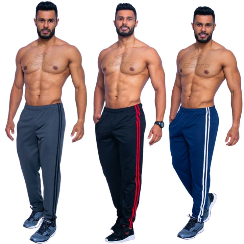 Calça masculina para atividade física em academia e corrida com cordão listras na lateral e bolso com zíper