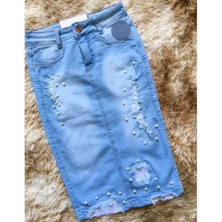 Saia jeans Midi Cintura alta Lycra Moda Evangélica Feminina com Pérolas Azul Cristal