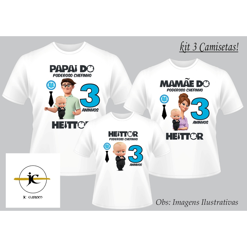 Kit 3 Camisetas Personalizadas Poderoso Chefinho Aniversário (Camiseta Adulto e Infantil)