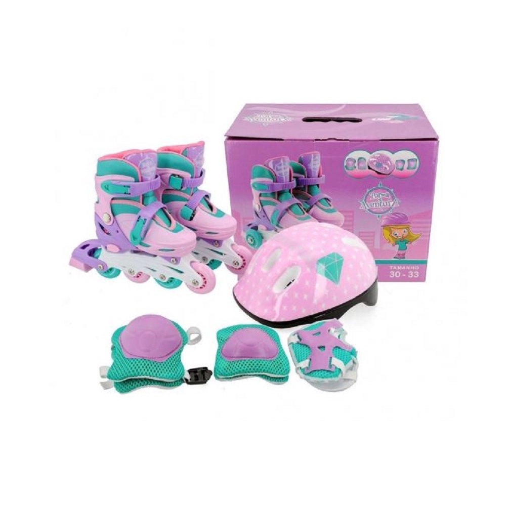 Patins Triline Ajústavel Proteção Capacete e Joelheira Rosa 30-33