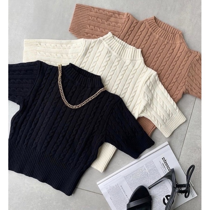 Cropped Modal Tricot Trança Manga Curta Blogueira