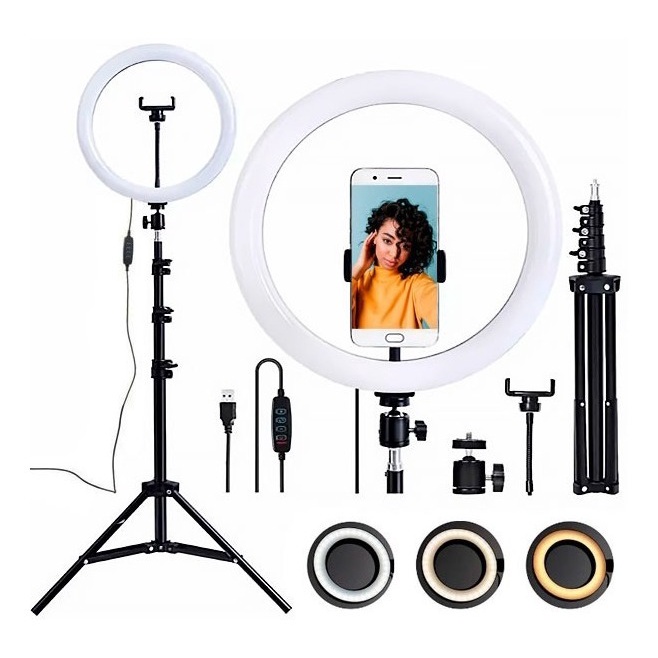 KIT COMPLETO RING LIGHT ILUMINADOR LUZ DE LED SELF 26CM / 10 POLEGADAS COL TRIPE 2.10M IDEAL PARA FOTO / VÍDEO
