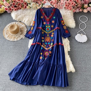 Novo Vestido De Praia vintage Primavera Outono Manga Longa Decote v Elegante Bordado floral Vestidos Longos