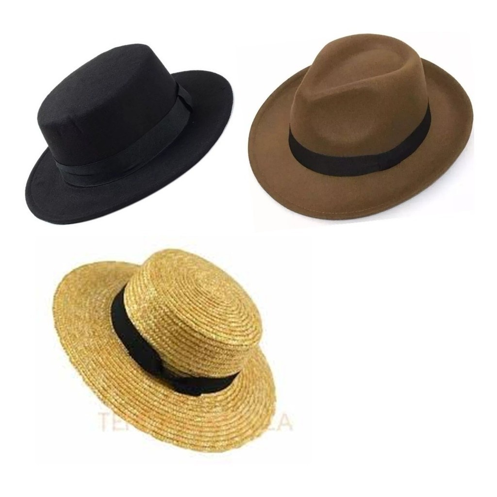 Kit 3 Chapeu Chapeu De Palha Natural E Feltro Boater Fedora