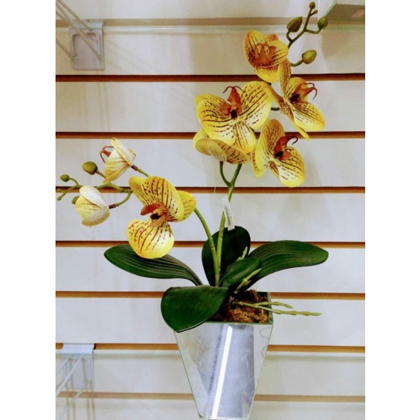 Arranjo de Orquídea Amarela Silicone em Vaso Espelhado Decoração Decoracao