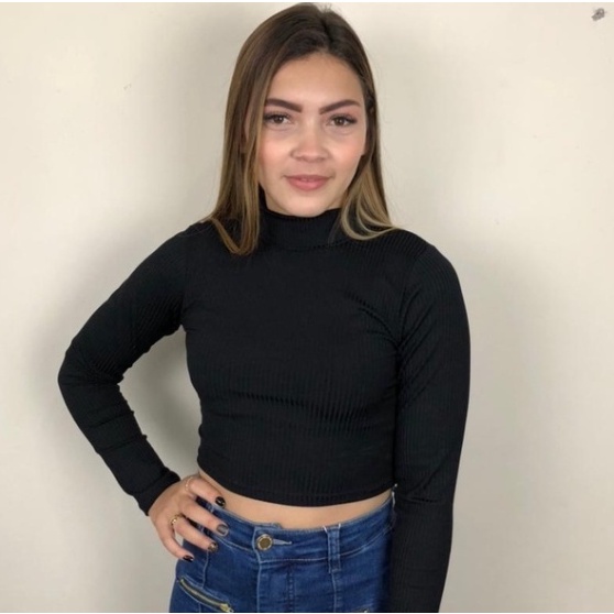 Cropped Canelado Manga Longa Gola Alta Blusa Feminina Blusinha Moda Inverno Frio Blogueira Canelada
