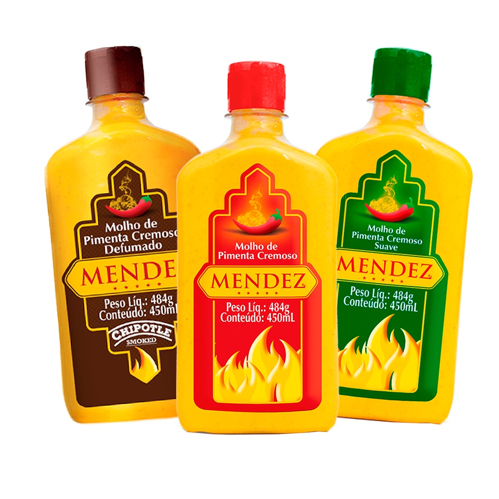 Kit Molhos de Pimenta Mendez 3 Unidades de 490ml Tradicional, Suave e Chipotle