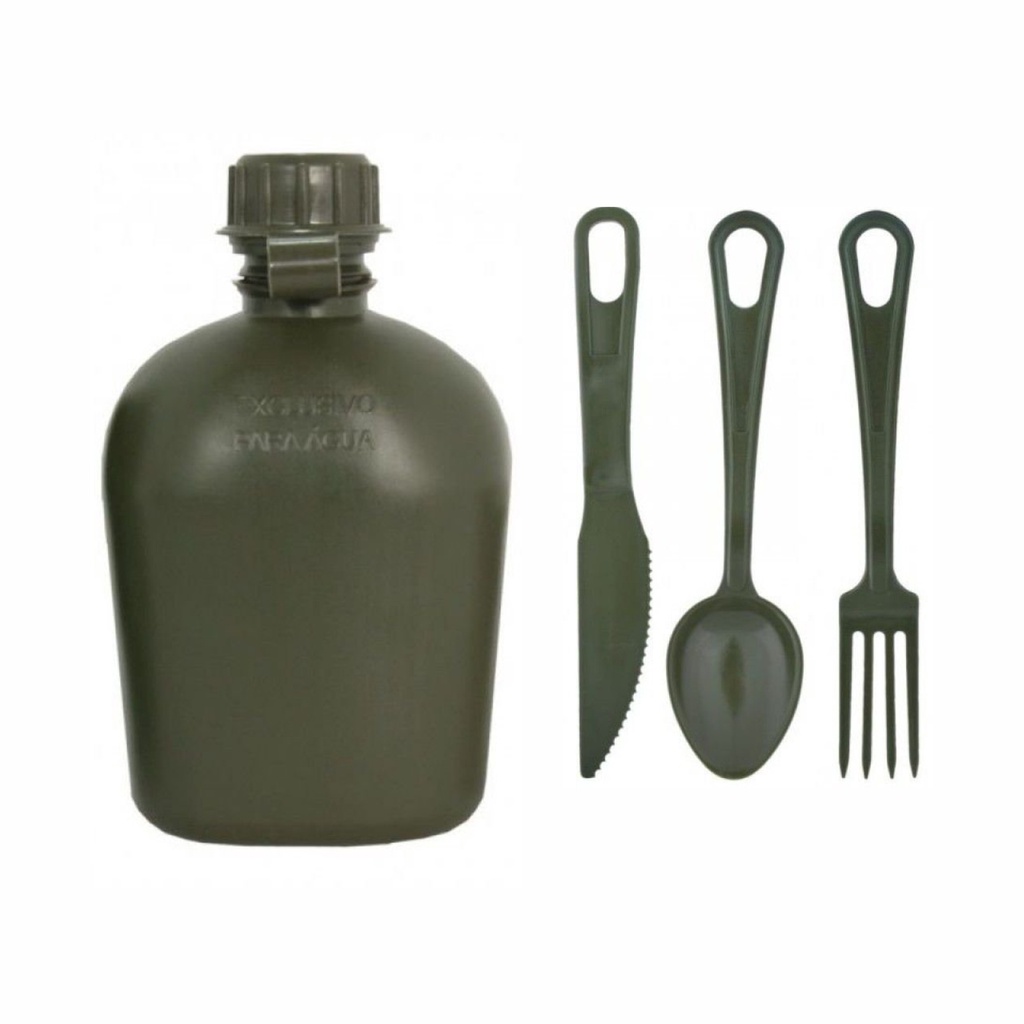 Kit Sobrevivência / Camping - Cantil 900 ml  + Talher De Campanha